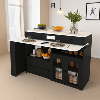 Îlot de cuisine avec table extensible et rotative, 4 tiroirs et armoires à portes en verre avec douille intégrée