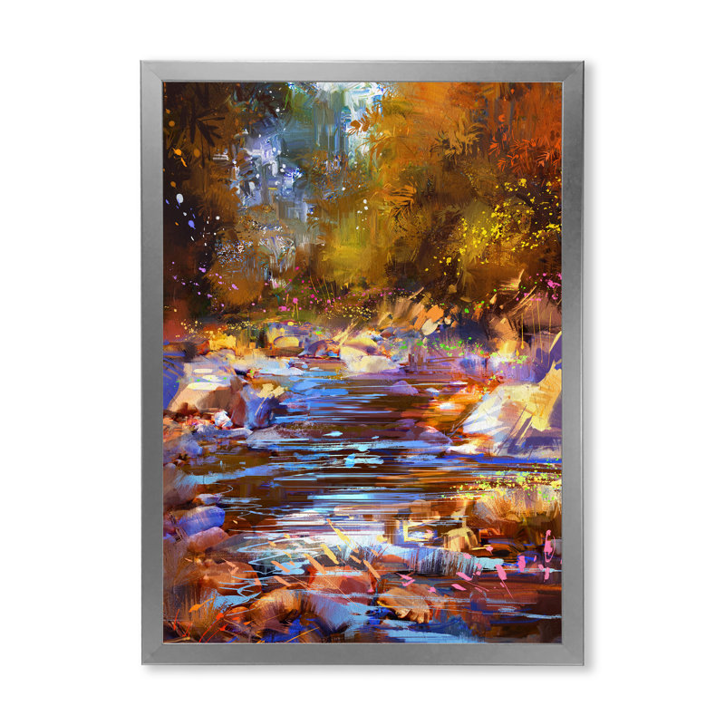 Fall River Lines with Stones in Forest - Peinture sur toile, H 40 po x l 30 po x P 1,5 po, Cadre de coin argenté fermé