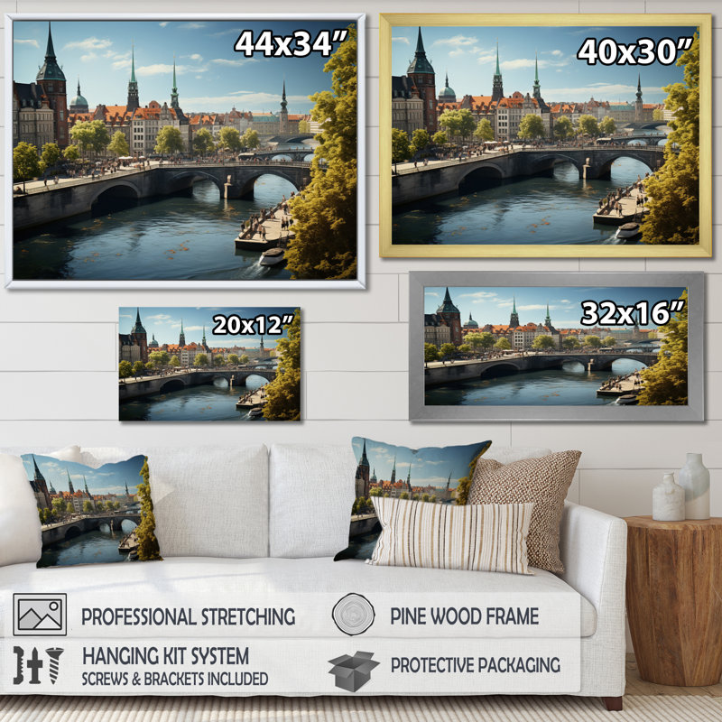 Copenhague, Danemark, Canal City I - impressions sur toile de paysages urbains, Cadre photo noir, H 16 po x l 32 po x P 1 po