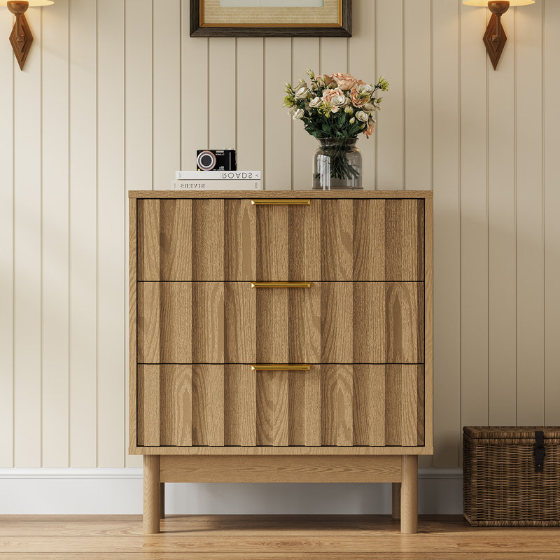 Commode 3 tiroirs avec panneau cannelé, Brun