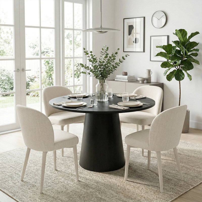 46" Modern Round Dining Table Set With Upholstered Dining Chairs, Pedestal Kitchen Table And Chairs For 4, White