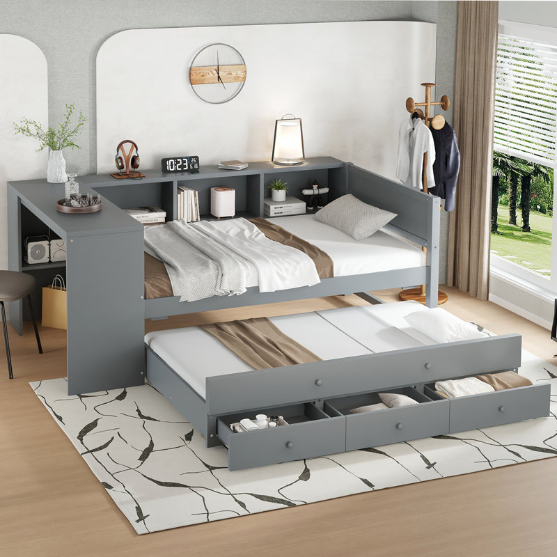 Lit de jour rustique avec lit gigogne, structure en bois et solutions de rangement, Gris, Twin