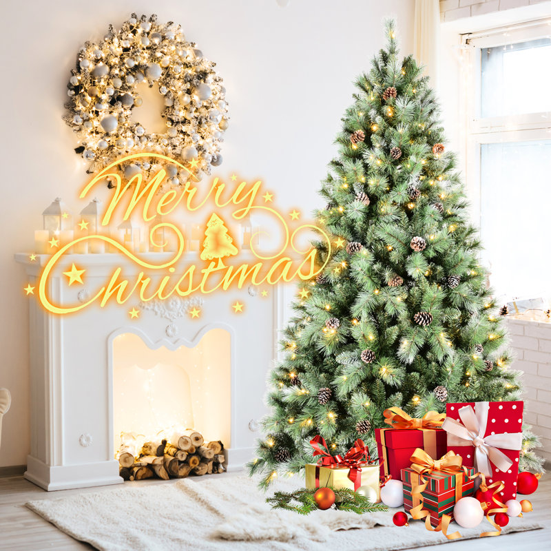 Arbre de Noël de 7 pi avec 400 lumières à DEL blanc chaud, 1348 pointes d'aiguille dure, 82 branches de pin et branches articulées faciles à installer pour un décor des Fêtes équipé d'une conception réaliste sans effort