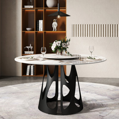 Table ronde de 53 po avec base en fer noir, pierre frittée blanche, 6, plateau tournant de 23,62 po et pierre à finition rayée, capacité 6, anti-rayures