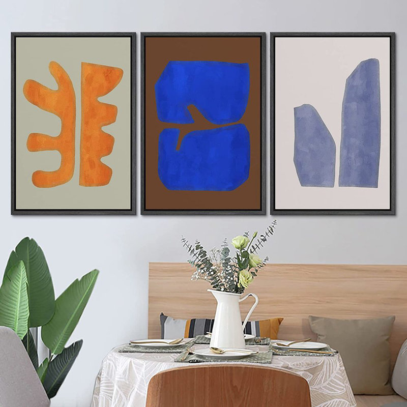Multicolor Mid-Century Modern Orange Blue Wall Art Work Framed On Canvas 3 Pieces Painting Print, Black