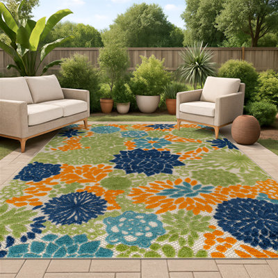 Tapis floral intérieur / extérieur beige / bleu marine / bleu sarcelle / vert / orange