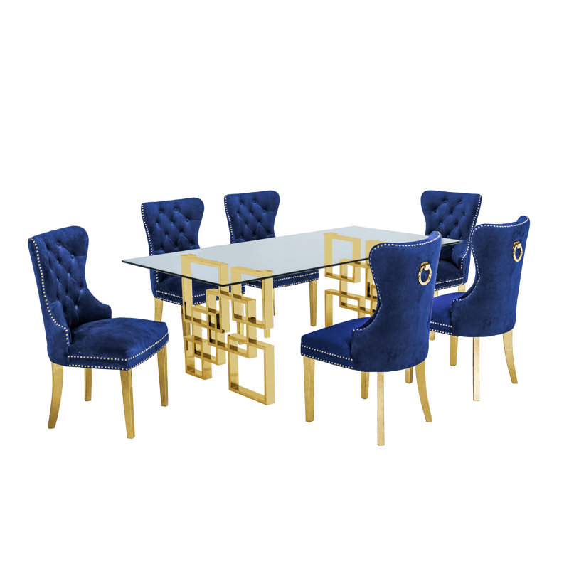 Toombs Glass Top Double Pedestal Dining Set, Navy Blue/Gold, 7