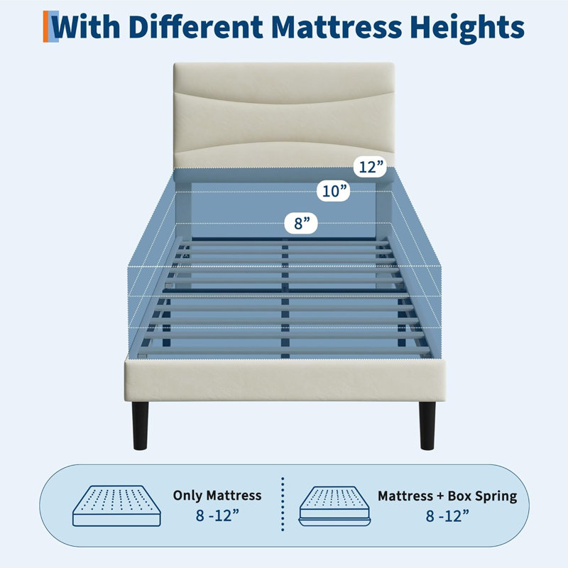 Structure de lit simple tapissier en velours avec tête de lit, support en lattes de bois, rangement sous le lit, aucun sommier requis, beige, chambre à coucher moderne