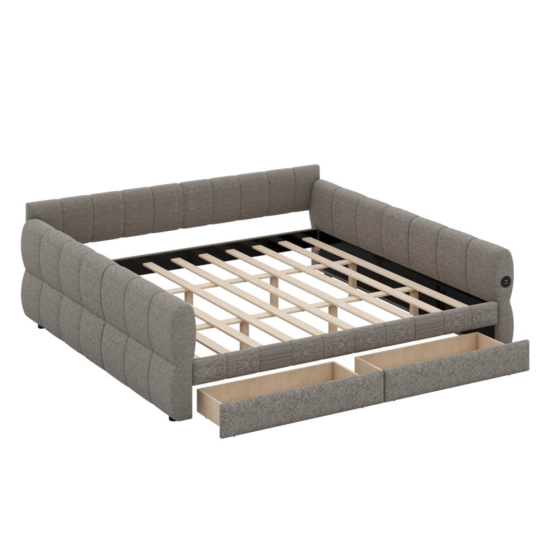 Upholstered Platform Bed With USB Ports & 2 Storage Drawers,King Size Lambswool Platform Bed With Tufted Backrest & Armrests