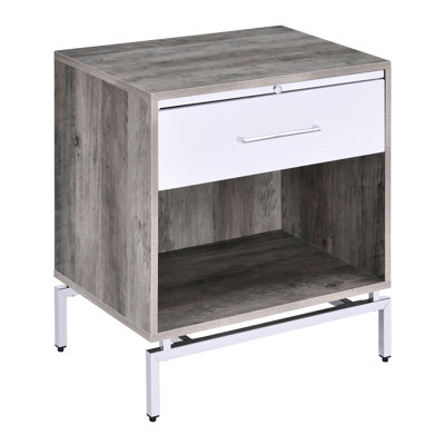 Table grise et blanche avec pieds de rangement en chêne vieilli