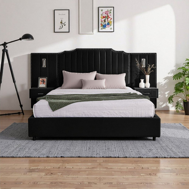 Structure de lit grand lit tapissier avec table de chevet intégrée et lampes de lecture - velours noir, tête de lit capitonnée verticale, aucun sommier nécessaire