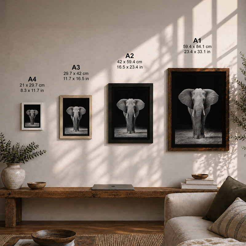 Elephant Face Modern - Framed Print, Black, A3 - 42.0 x 29.7 cm