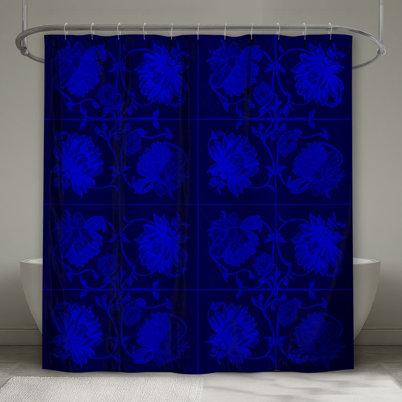 Rideau de douche bleu à motif floral très long, L 70 po x H 93 po