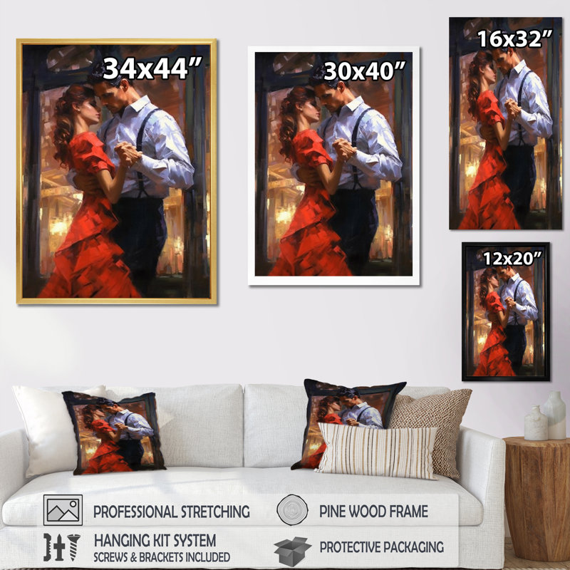 Couple dansant le tango, peinture - art mural sur toile Couple, Cadre simple noir, H 32 po x l 24 po x P 1 po