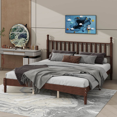 King-Size Wooden Platform Bed With Gourd-Designed Headboard