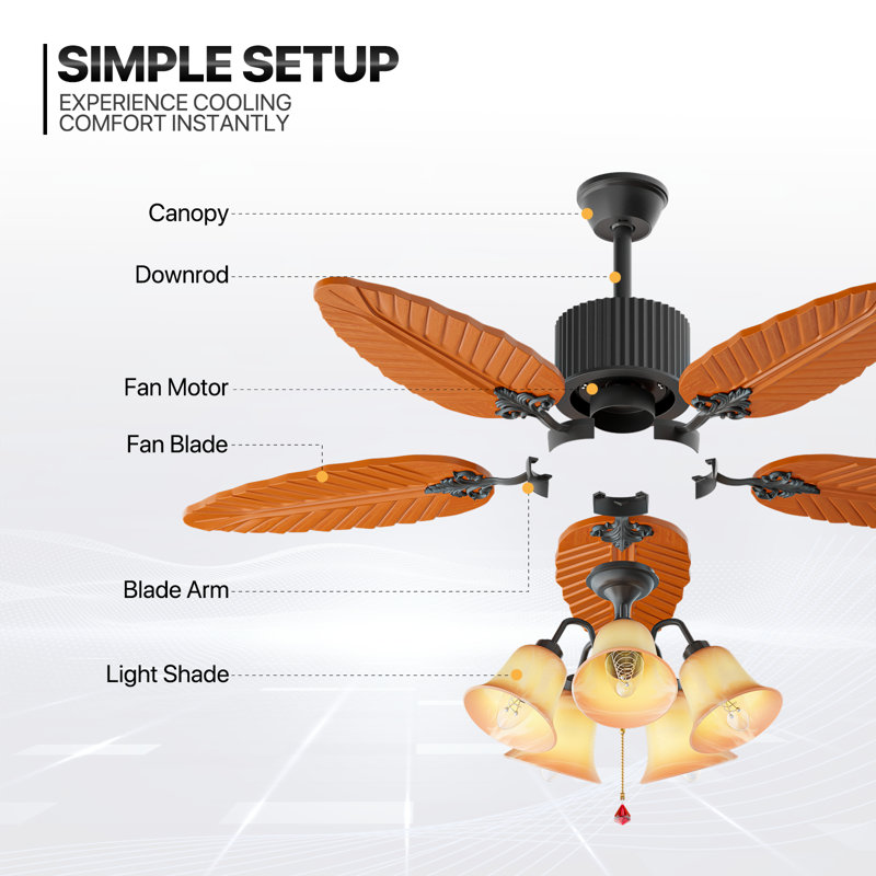 52" Tropical Ceiling Fan with Remote Control, Timer, 5 Leaf Blades Ceiling Fan without Light Bulbs, Black