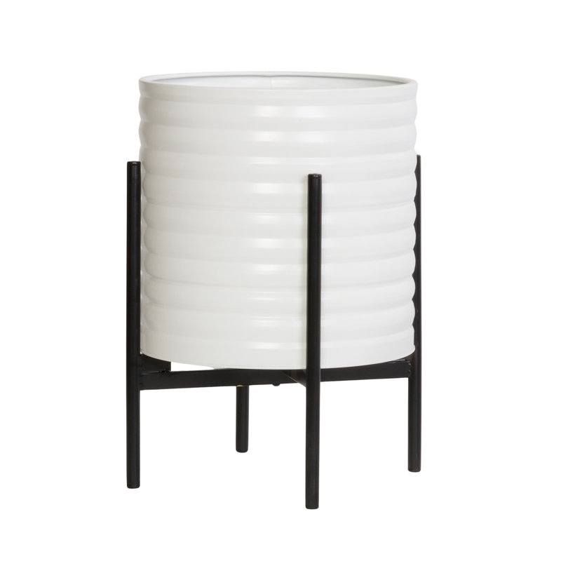 Fatima Mid Century Modern Indoor Metal Pot Planter With 4-Leg Metal Base, 18" H x 13.75" W x 13.75" D