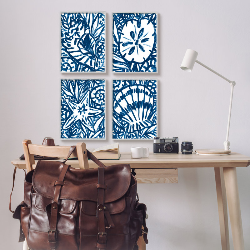 «Nautical Blue Seashell Starfish Sand Line» par June Erica Vess - ensemble de 4 impressions, H 14 po x l 11 po x P 1,5 po