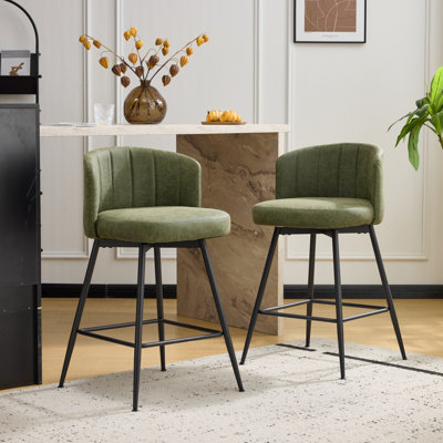 27.2" Upholstered Bar & Counter Stool with Back, 360° Swivel Faux Leather Stools, Olive Green