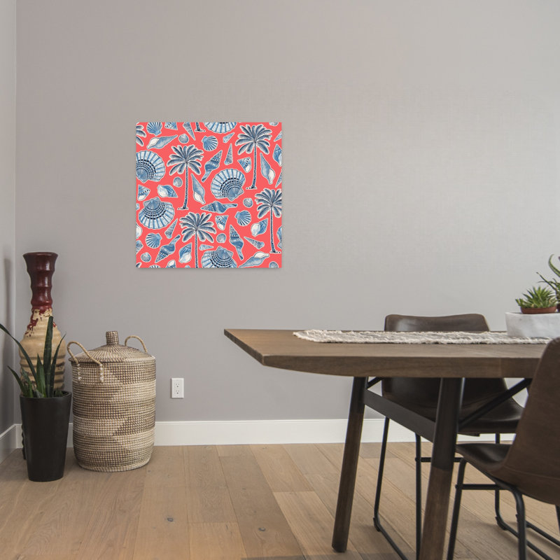 Art contemporain, palmier abstrait, plage, océan, Bleu/rouge, H 24 po x l 24 po