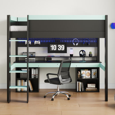 Lit mezzanine double avec lumières DEL multicolores, panneau perforé, bureau intégré et rangement, noir et bleu