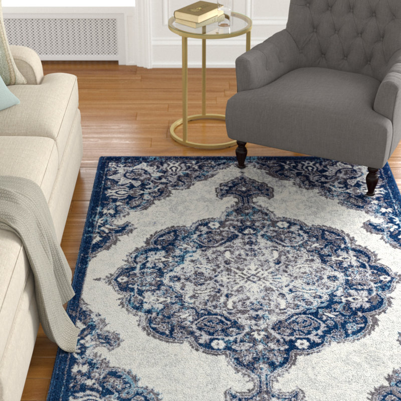 Tapis oriental performance d'intérieur bleu marine Honig, Rectangle 8 pi 9 po x 11 pi 9 po