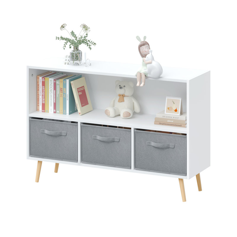 Kids Bookcase With Collapsible Fabric Drawers, White/gray