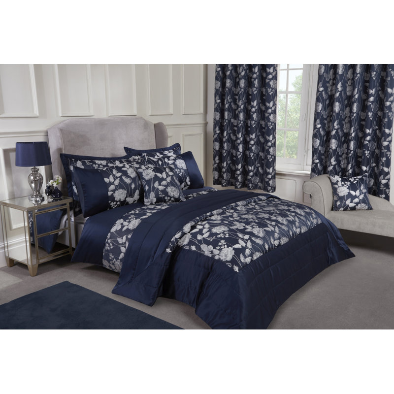 Leah Polyester Floral Bedspread with Pillow Shams, Navy