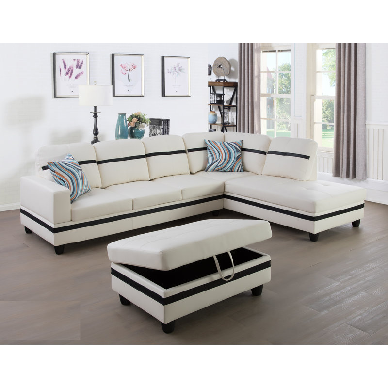 Beesley 103.5" Wide Faux Leather Sofa & Chaise with Ottoman, Right Hand Facing, Black, White/Black Faux Leather
