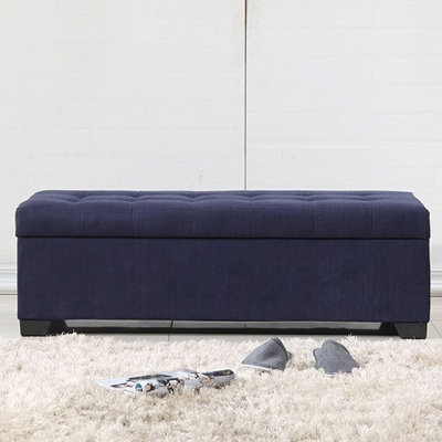 Dark Blue Modern Wood Upholstered  Bedroom and Entry Fabric Storage Long Bench