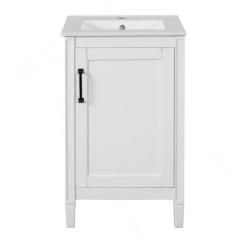 Meuble-lavabo blanc de 20 po avec lavabo en céramique, porte à fermeture en douceur, tablette ajustable en forme de U, support de rangement pour porte, armoire autoportante moderne pour les petites salles de bain