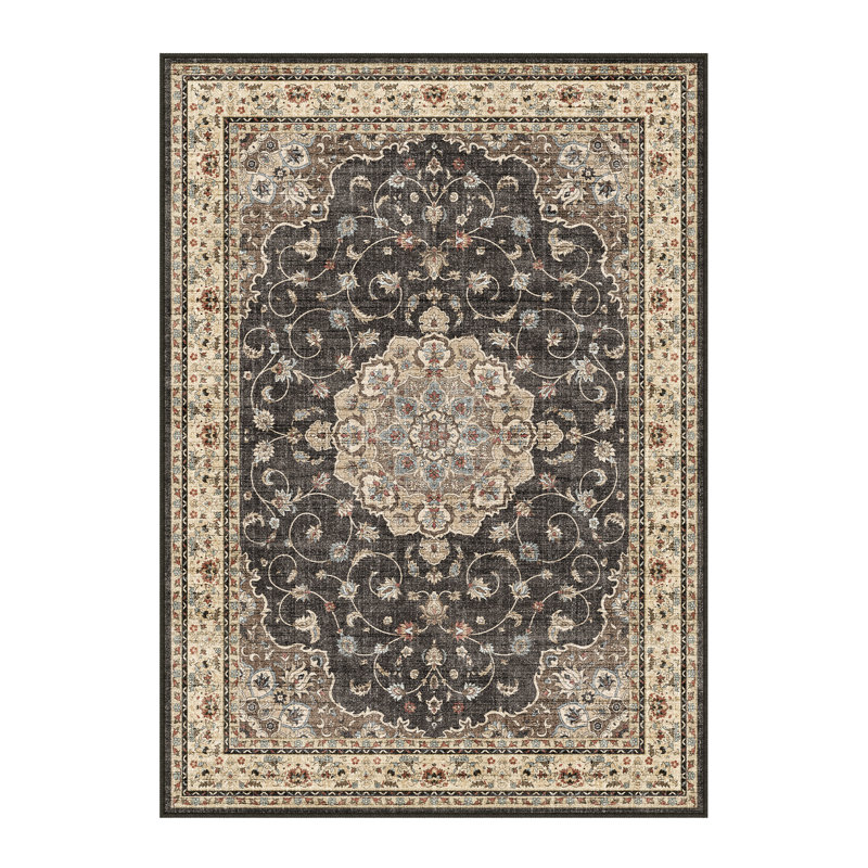 Tapis noir de style persan Haven, Rectangle 5 pi x 7 pi