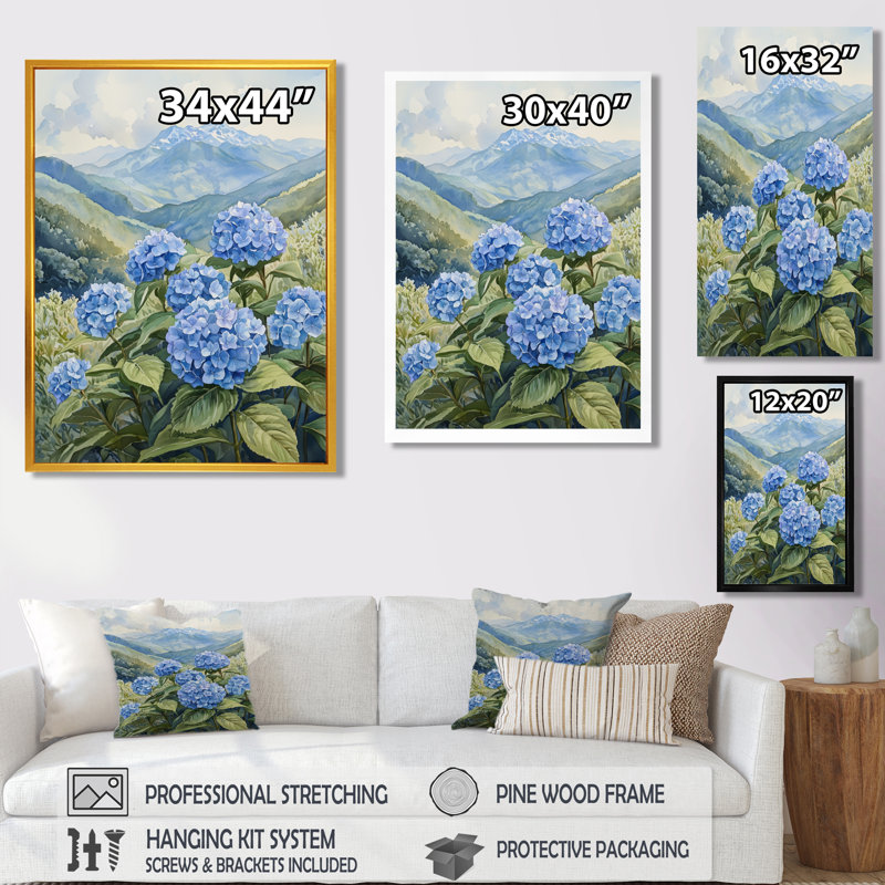 Hortensias dans la prairie de montagne I - art mural d'hortensias pour le salon, Noir, Impression encadrée flottante