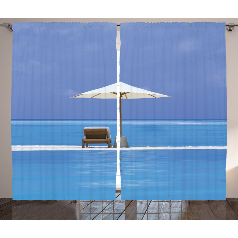 Blue Beach Scene Polyester Rod Pocket Curtain Panels