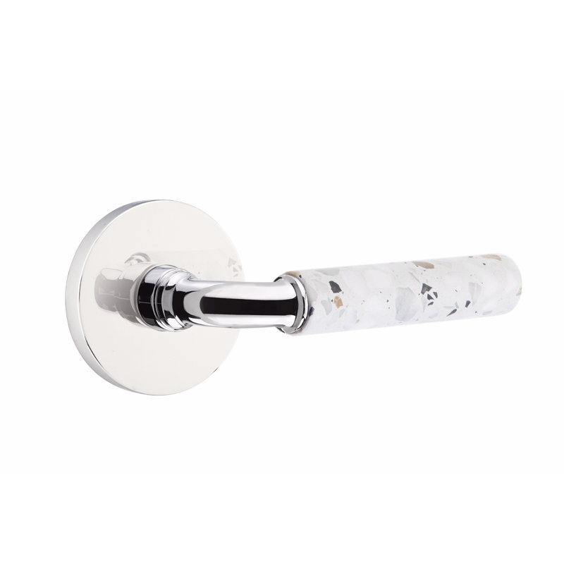 Select Round Privacy (Bed & Bath) Door Lever with Round Rosette, Left, Polished Chrome/Light Terrazzo