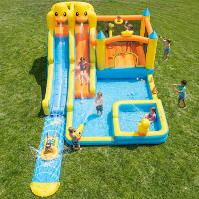 Inflatable Bounce House with 12.2FT Water Slide & 2 Surf Boards, Dual Slides Water Park with Splash Pool, Basketball Hoop & Water Guns, 750W Blower for Kids 3–12
