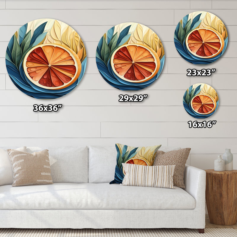 «Grapefruit Morning - Blue Kitchen», art mural rond en métal, H 16 po x l 16 po