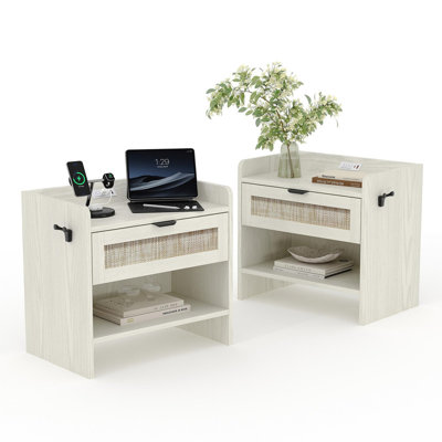 Rattan Nightstands 2 Pack with Drawer and Open Shelf, Table for Bedroom or Office