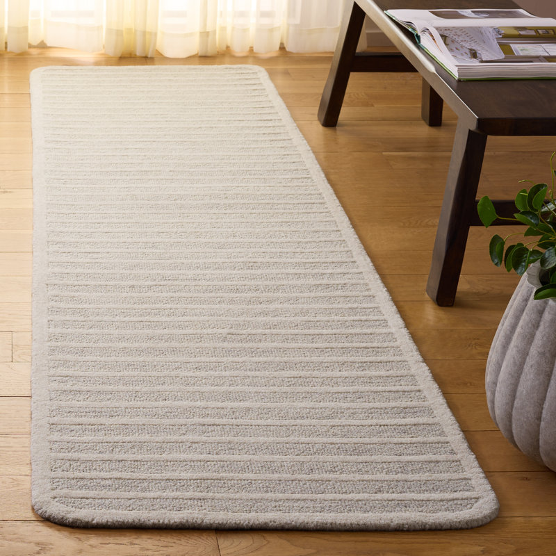Tapis rayé argent / ivoire en laine / coton touffeté à la main Ebony, Tapis de couloir 2 pi 3 po x 8 pi