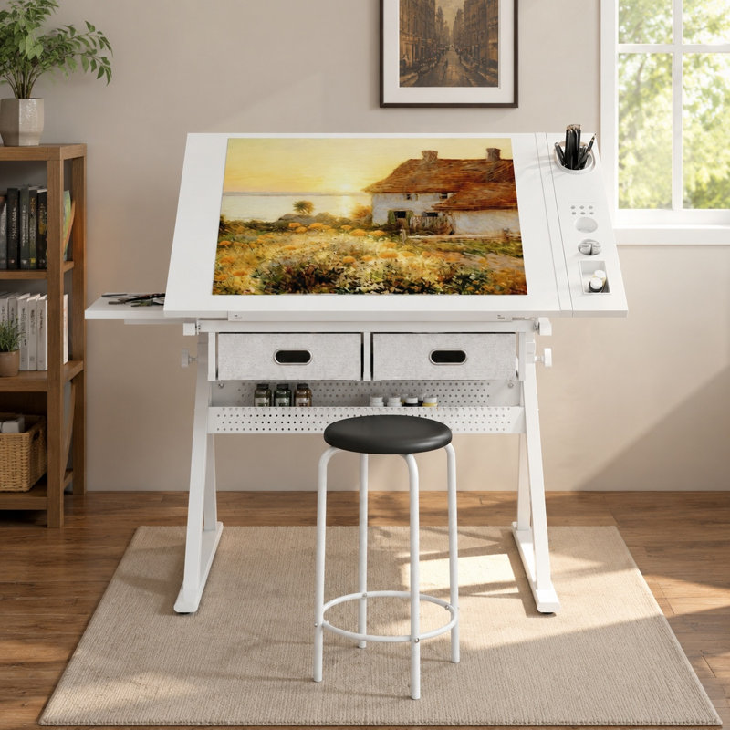 Table à dessin réglable avec plateau en verre trempé, réglage de la hauteur de la manivelle, tiroirs et chaise, blanc
