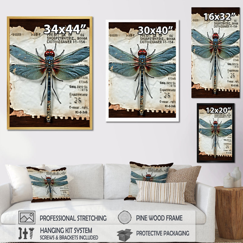 " Blue Vintage Dragonfly ", Gold Picture Framed, 32" H x 16" W x 1" D