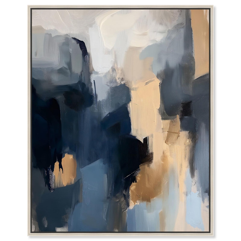 Navy Beige II Canvas Blue Abstracts by Art Remedy, 46" H x 37" W, Silver Floater Framed