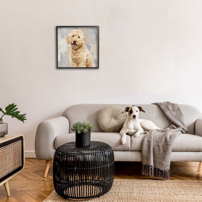 " Smiling Labradoodle Dog Patchwork Grey Beige Pattern " by Keri Rodgers, Midnight Black Framed Giclee, 24" W x 24" H