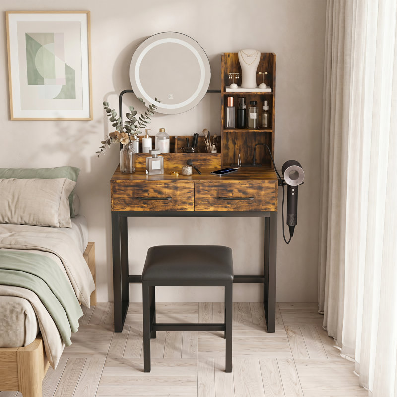 Meuble-lavabo 3 couleurs à DEL avec prise de courant, 2 tiroirs, pieds en métal et tabouret en métal