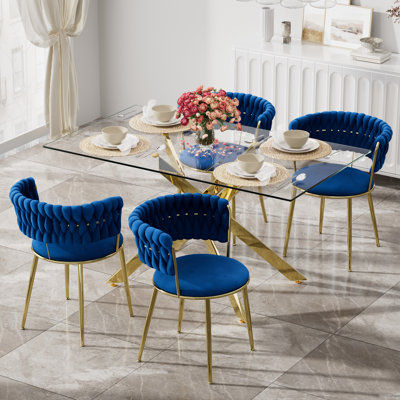 Clear Rectangle Pedestal Dining Set with Weaven Velvet Dininig Chair