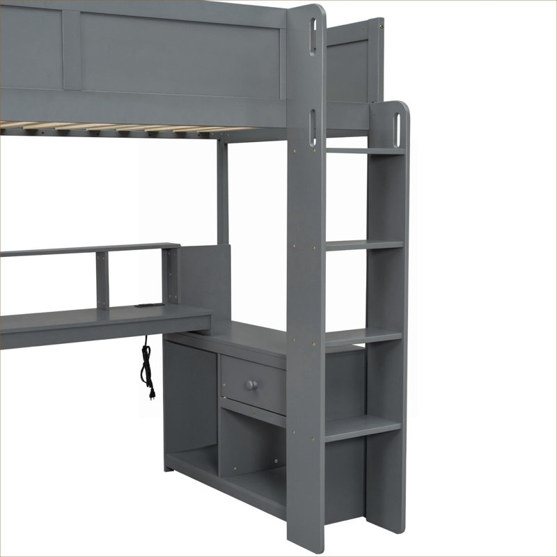 Solid Wood Twin Size Platform Gaming Loft Bed With Built-In Desk And Charging Station, Cool Gray