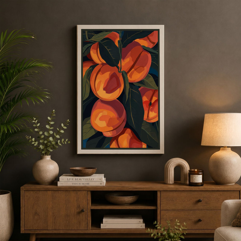 Peaches in Abundance Boho 1 Piece Wrapped Canvas Wall Art, 18x12 - 45.7 x 30.5 cm, Teal Border
