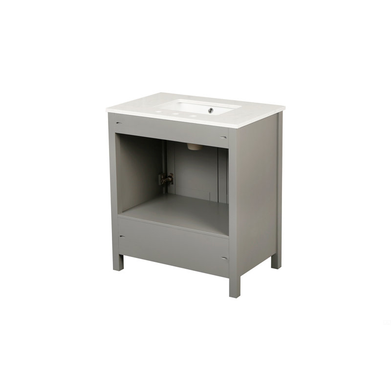 Meuble-lavabo autoportant de 30 pouces avec lavabo, comptoir en marbre d'ingénierie Carrara avec lavabo rectangulaire encastré en céramique, grande porte de rangement à fermeture en douceur