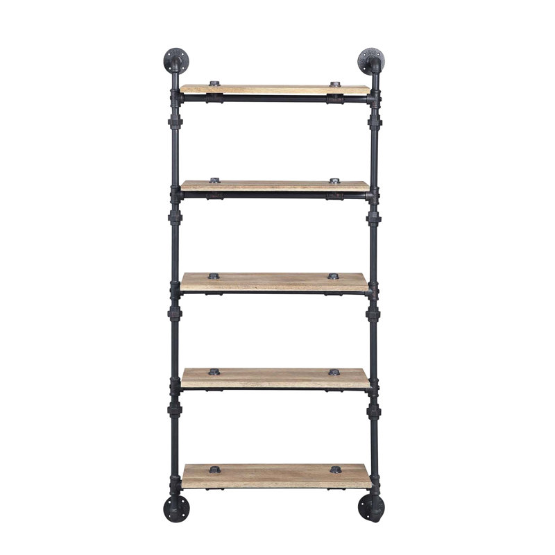Wall Mounted 5 Tier Floating Shelf With Metal Tube, Oak Finish, Water Pipe Look, Ideal For Office Decor And Storage, 9"W Width, 12" Frame, Style, Home Storage Display, Shelf,