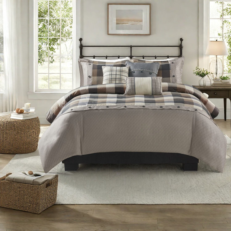 Ensemble de literie très grand / très grand de style campagnard, tissu à chevrons en polyester avec motif écossais Buffalo pour une décoration intérieure confortable